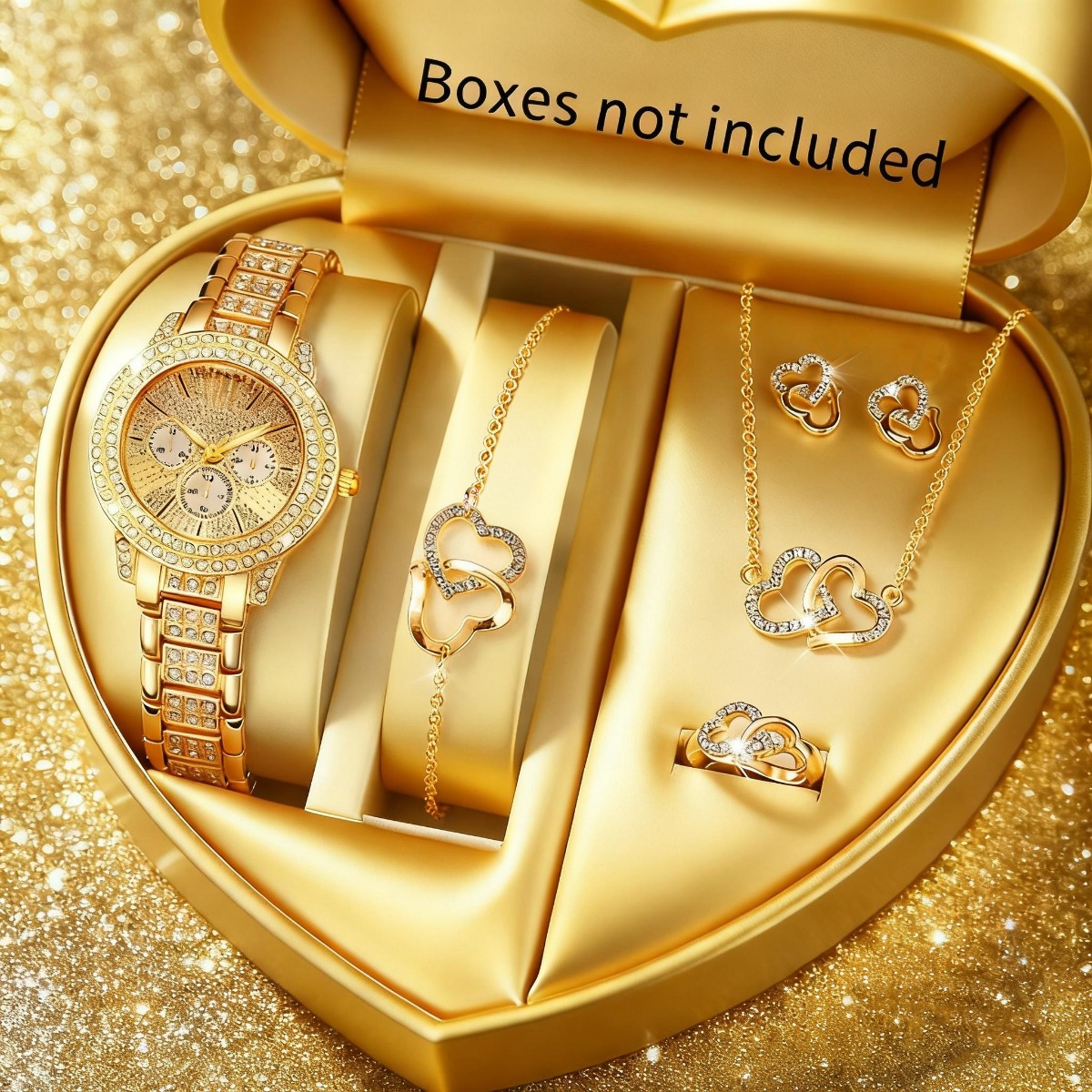 Luxury Watch Travel Case - ชุดนาฬิกาข้อมือผู้หญิงหรูหราประดับเพชรเทียม 6 ชิ้น พร้อมสายโลหะผสม แฟชั่น ควอตซ์