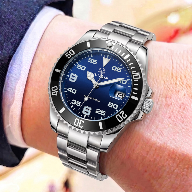 Luxury Watch Makes - นาฬิกาควอตซ์สำหรับผู้ชายแบบคลาสสิก พร้อมขอบหน้าปัดหมุนได้ทางเดียว กันน้ำ มีไฟเรืองแสง ปฏิทิน และสายเหล็ก