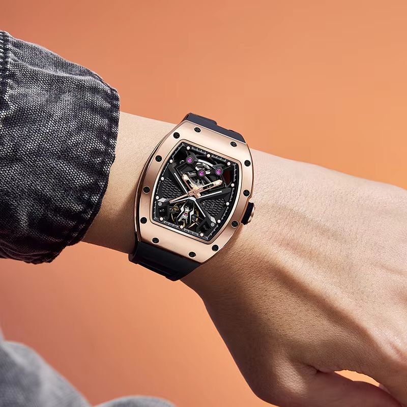 Luxury Watch Makes - นาฬิกาข้อมืออัตโนมัติทรง Tonneau หรูหรา โครงกระดูก ผลิตในจีน เครื่องจักรกล