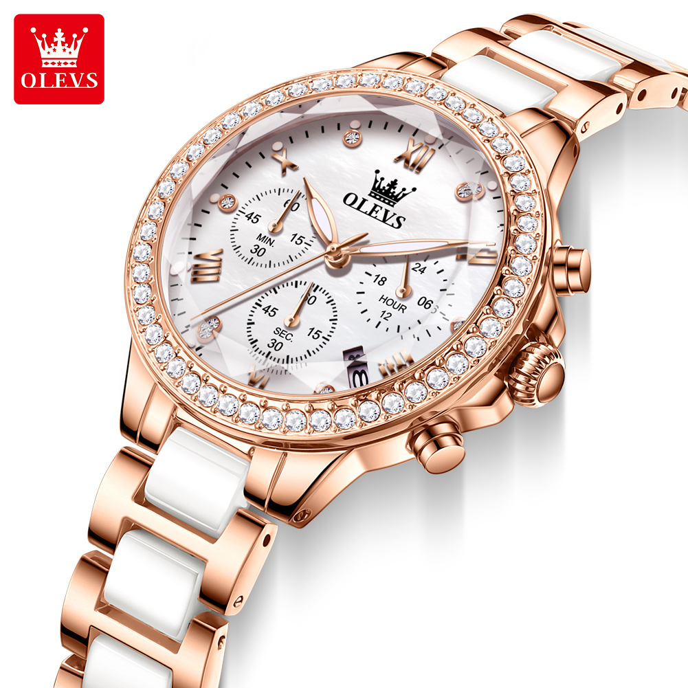 Luxury Watch Time - OLEVS 9999 นาฬิกาควอทซ์สำหรับสุภาพสตรีสายเซรามิกนาฬิกาผู้หญิงหรูหรานาฬิกาข้อมือหน้าปัดเพชรแบบมัลติฟังก์ชั่น