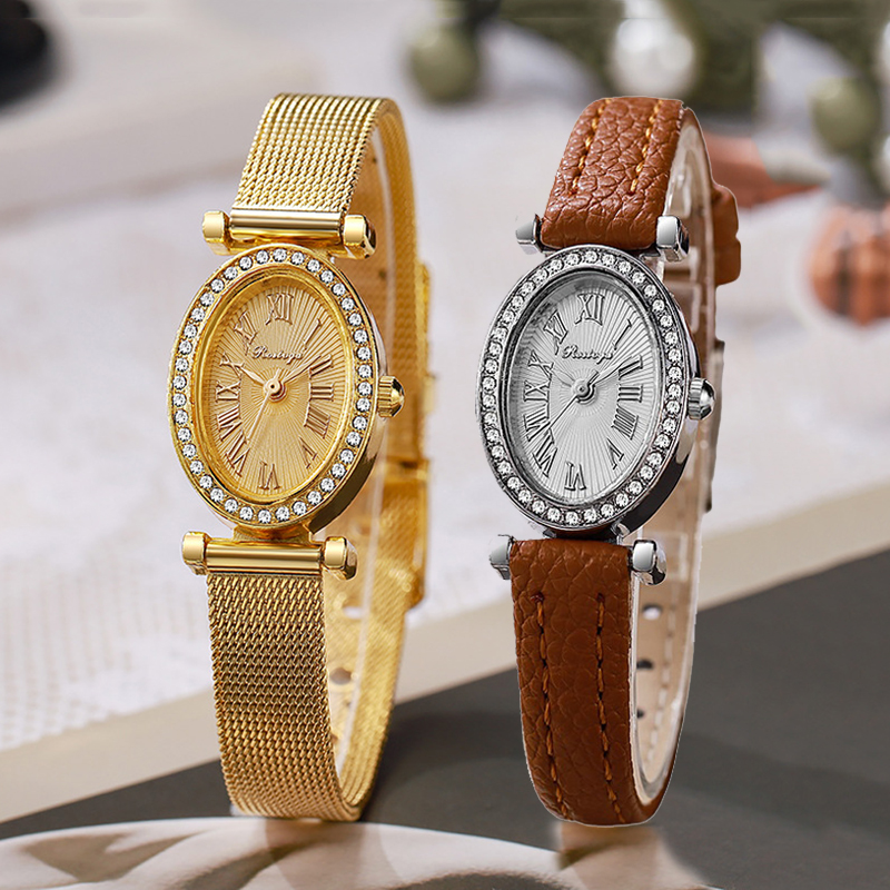 Luxury Watch With Leather Strap - นาฬิกาข้อมือผู้หญิงหรูหรา แฟชั่นหน้าปัดเพชรรูปวงรี ระบบควอตซ์ สายหนัง ขายส่ง นาฬิกานักเรียน