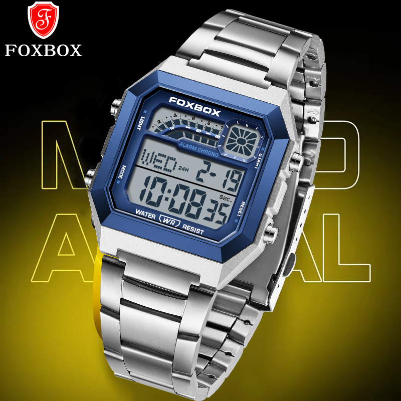 Luxury Watch Square - นาฬิกาข้อมือดิจิตอลแฟชั่นหรูหรา FOXBOX สำหรับผู้ชาย สไตล์ลำลอง สปอร์ต แสดงวันที่
