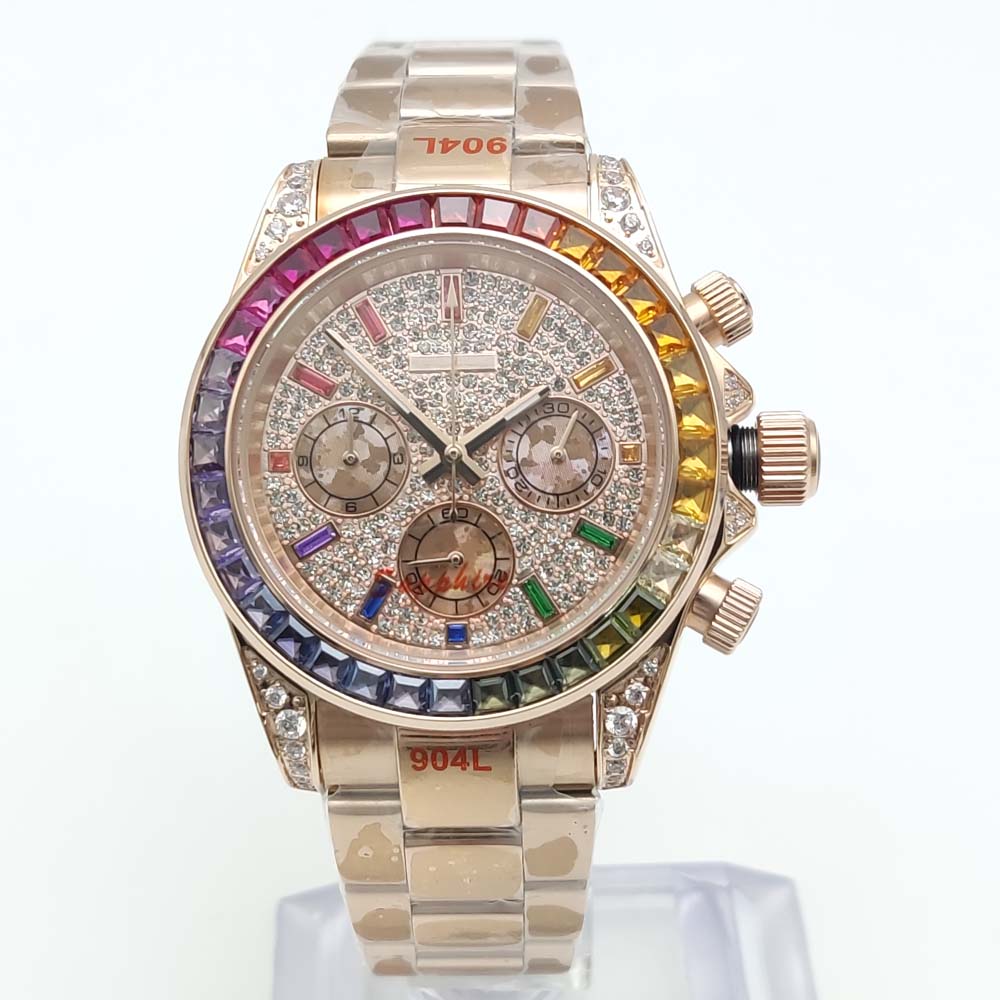 40 มม.เพชรที่มีสีสันอัญมณีหรูห - Chronograph Flyback Watch บทวิจารณ์และราคา