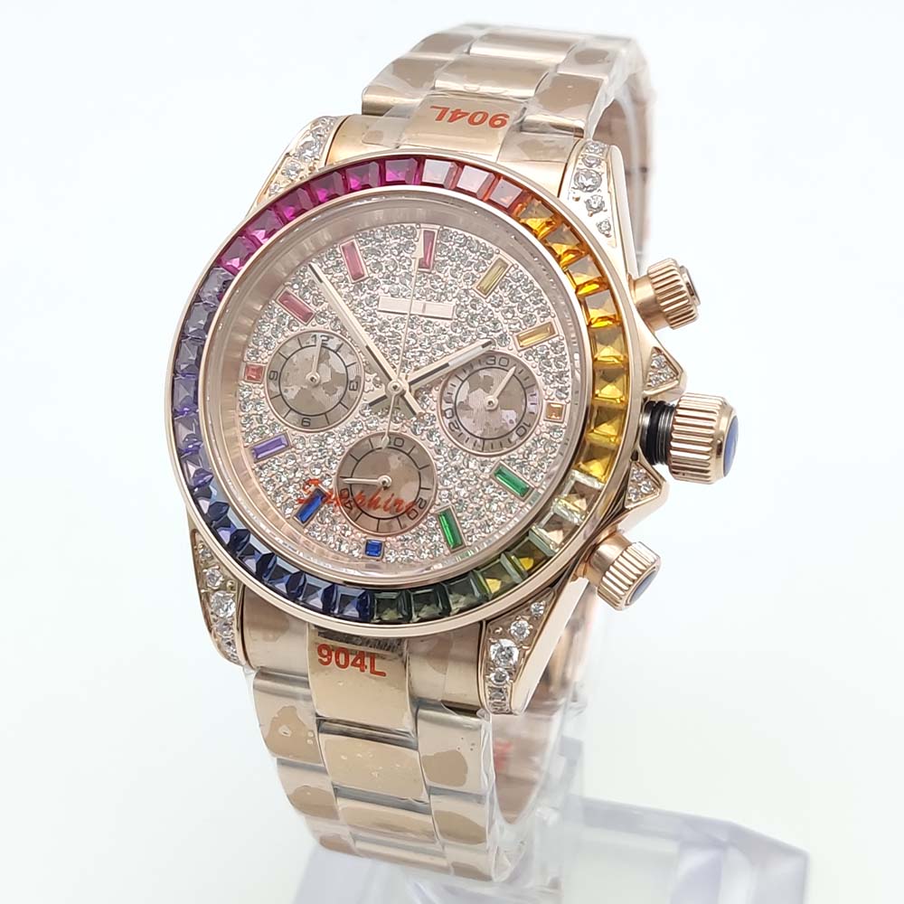 40 มม.เพชรที่มีสีสันอัญมณีหรูห - Chronograph Flyback Watch บทวิจารณ์และราคา