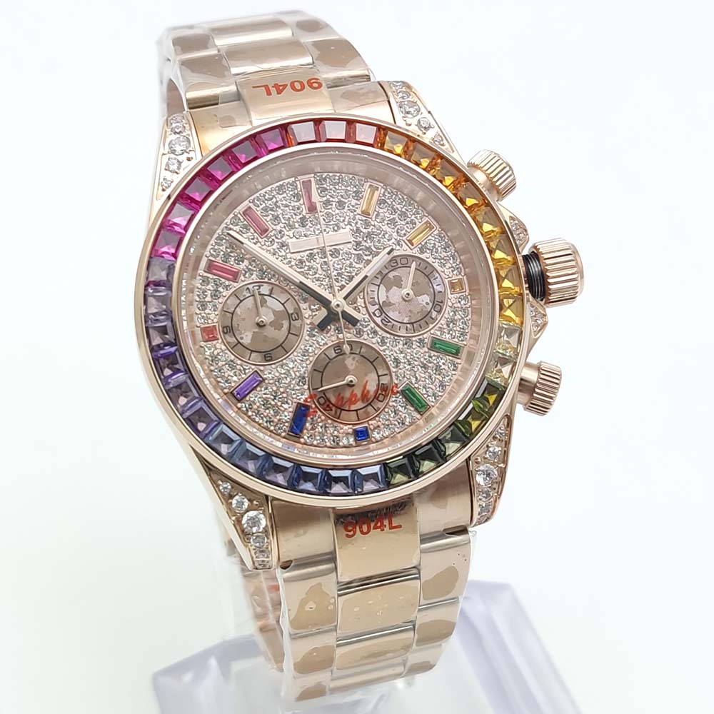 40 มม.เพชรที่มีสีสันอัญมณีหรูห - Chronograph Flyback Watch บทวิจารณ์และราคา