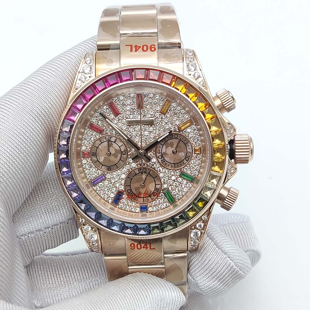 40 มม.เพชรที่มีสีสันอัญมณีหรูห - Chronograph Flyback Watch บทวิจารณ์และราคา
